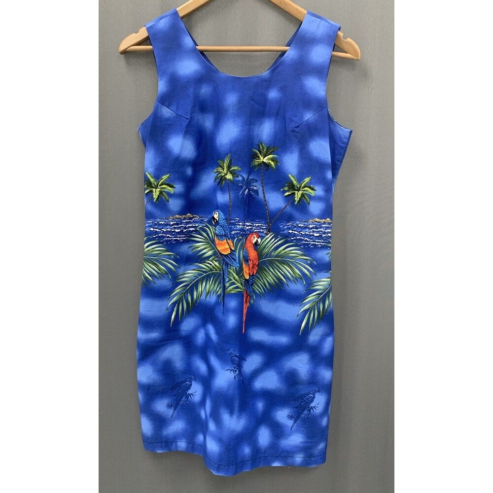 Vtg KY'S Hawaiian SunDress Cotton Sheath Medium Blue Parrot Palm Tropical Resort